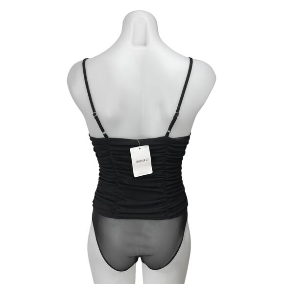 NEW Forever 21 Black Mesh Ruched Sleeveless Cami Camisole Bodysuit Tank Top Sz S - Picture 2 of 5